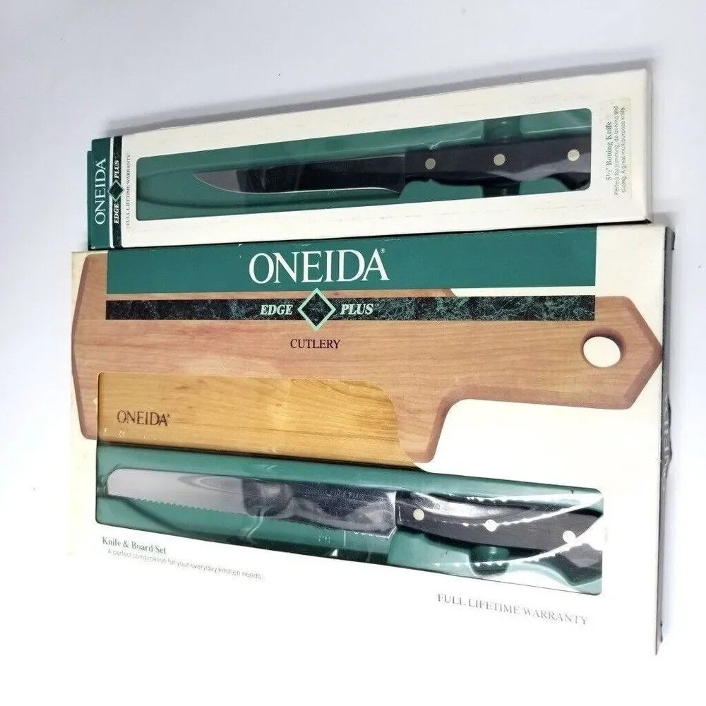Vintage 1992 Cheese Cutting Board Oneida Edge Knife Stainless Steel Kitchen Set